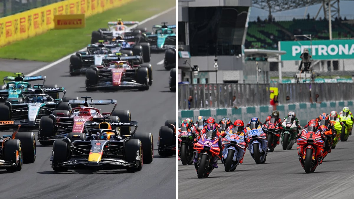 A Formula 1 race start next to a MotoGP start at Sepang in 2025