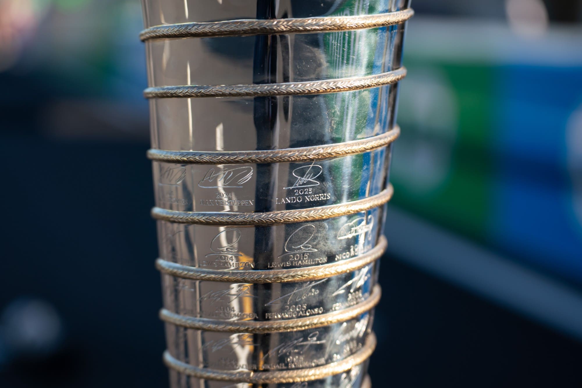 Engravings of past champions on the Formula 1 world championship trophy, with 2025 champion Lando Norris the most recent
