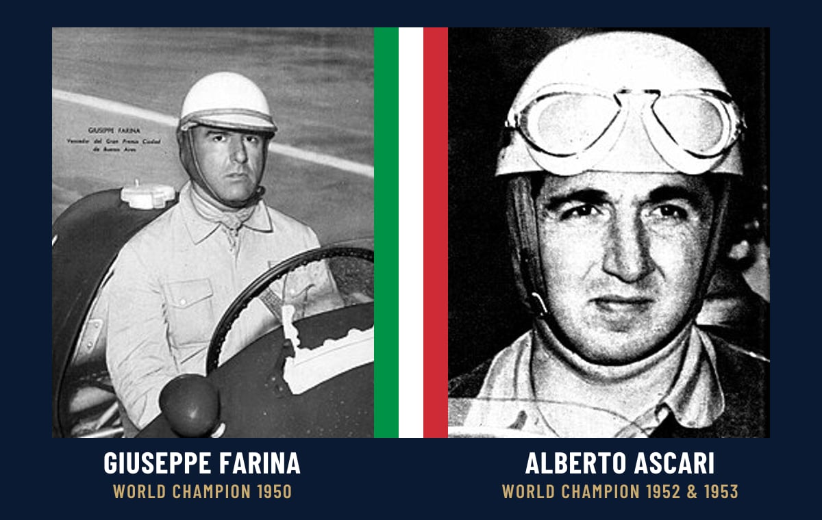 Giuseppe Farina and Alberto Ascari, Italy’s only Formula 1 world champions, either side of an Italian flag
