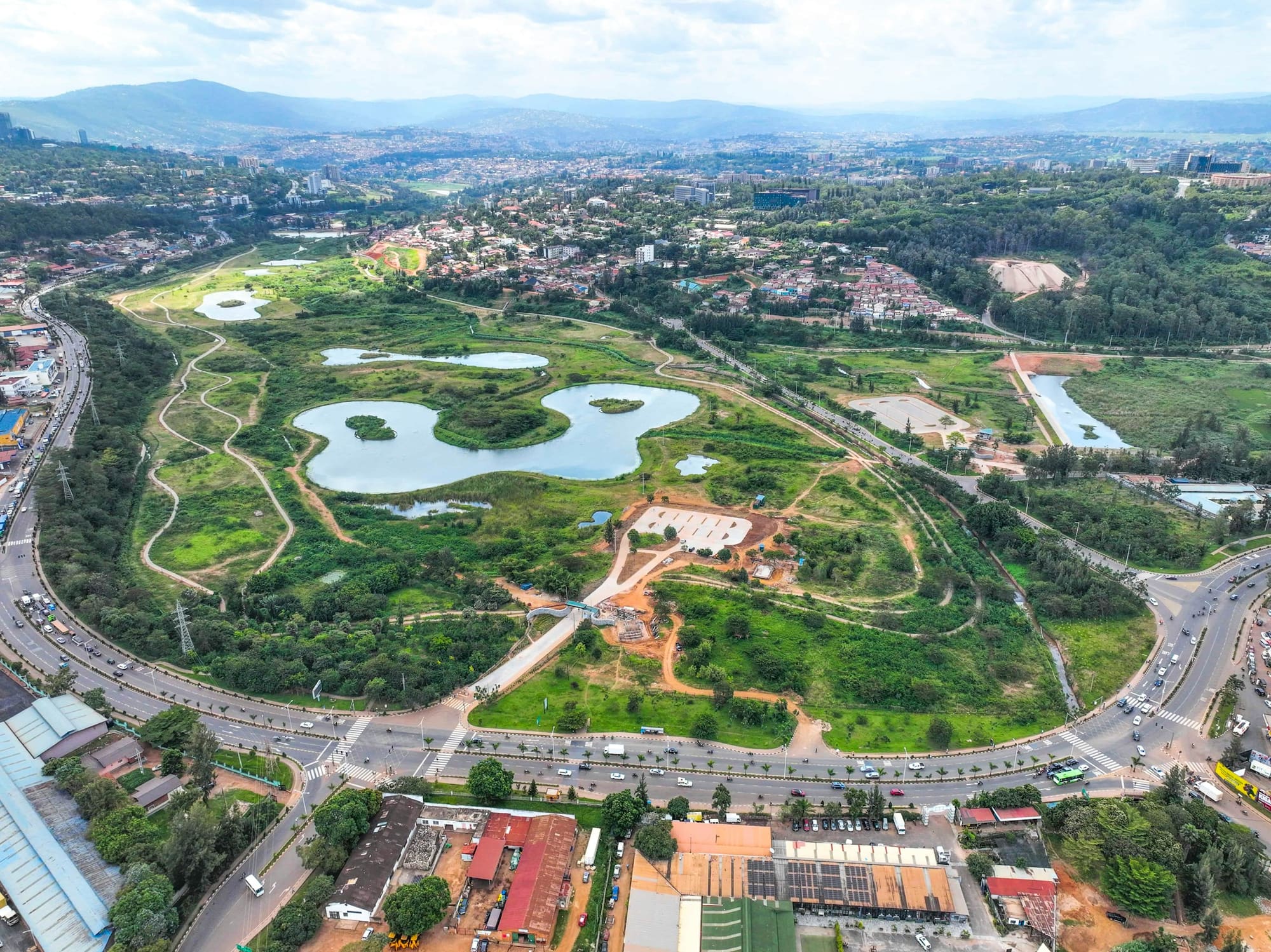 Aerial view of Nyandungu Eco-Park and the green hills of Kigali, Rwanda