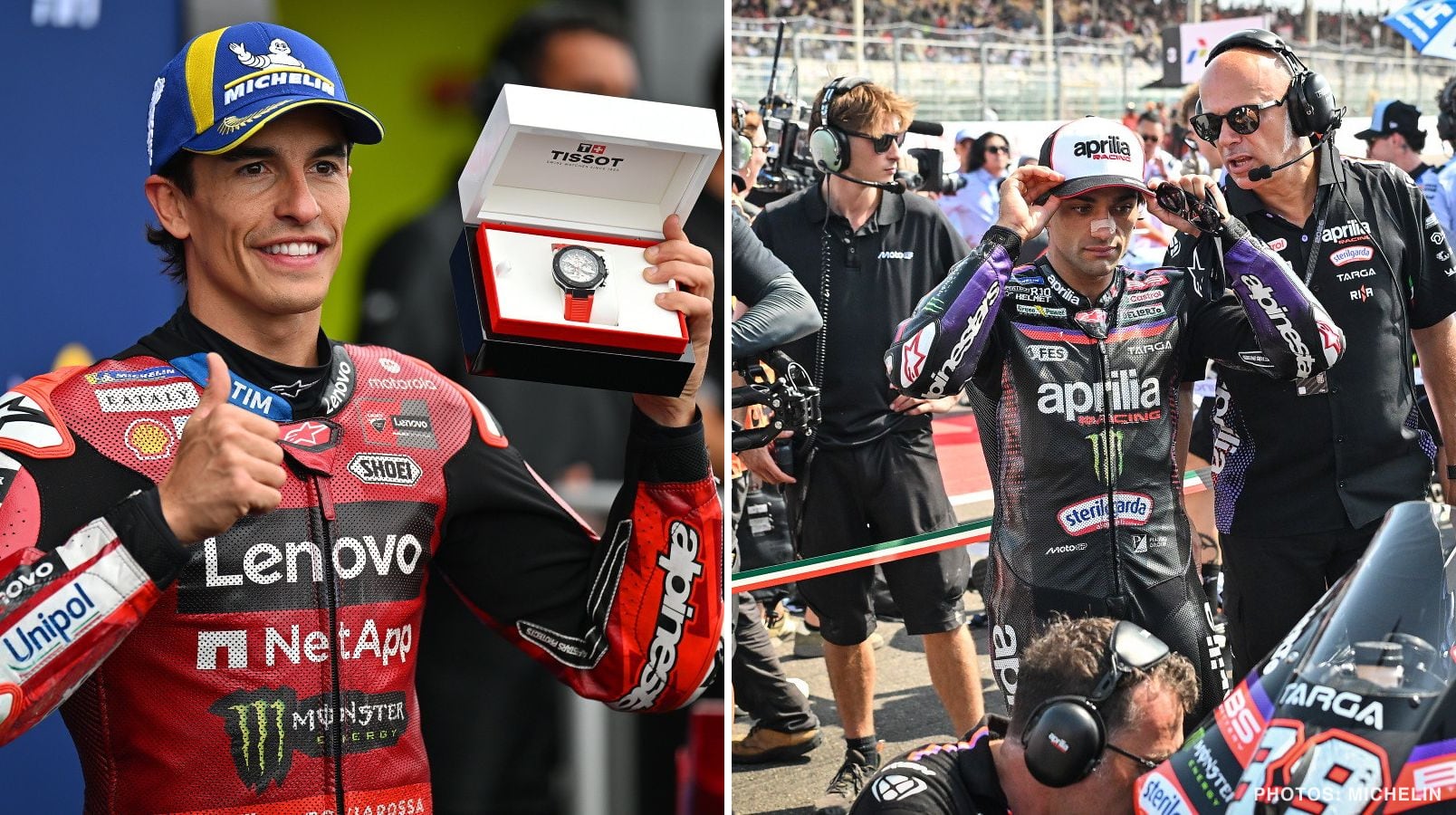 Marc Marquez holding a Tissot watch at Phillip Island, and Jorge Martin on the grid in Indonesia