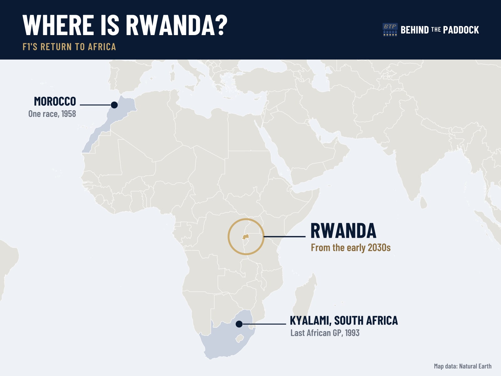 Map of Africa highlighting Rwanda in east-central Africa, with Morocco and South Africa marked as F1’s previous African hosts