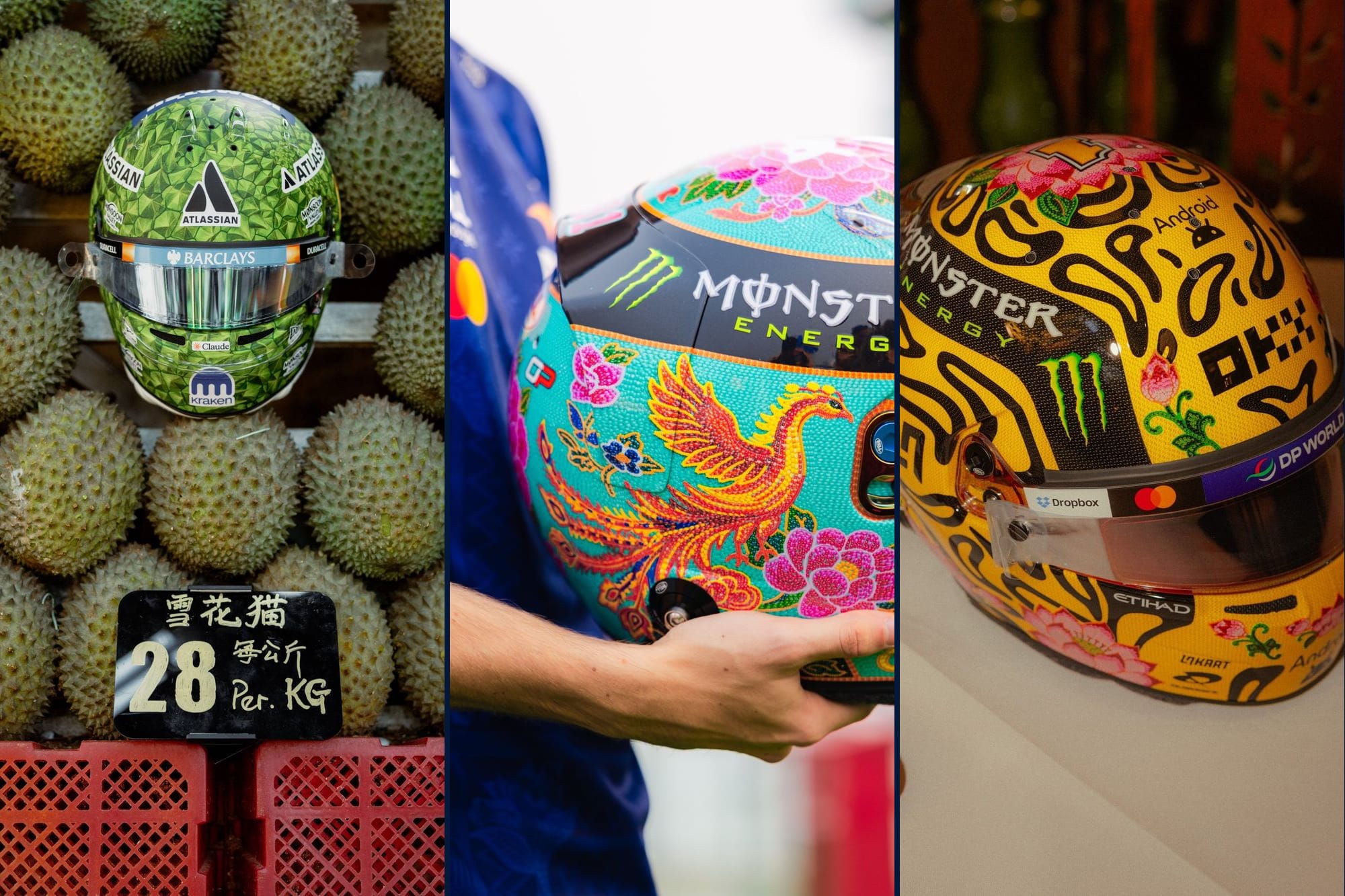 The Singapore Grand Prix helmets of Alex Albon, Oscar Piastri and Lando Norris