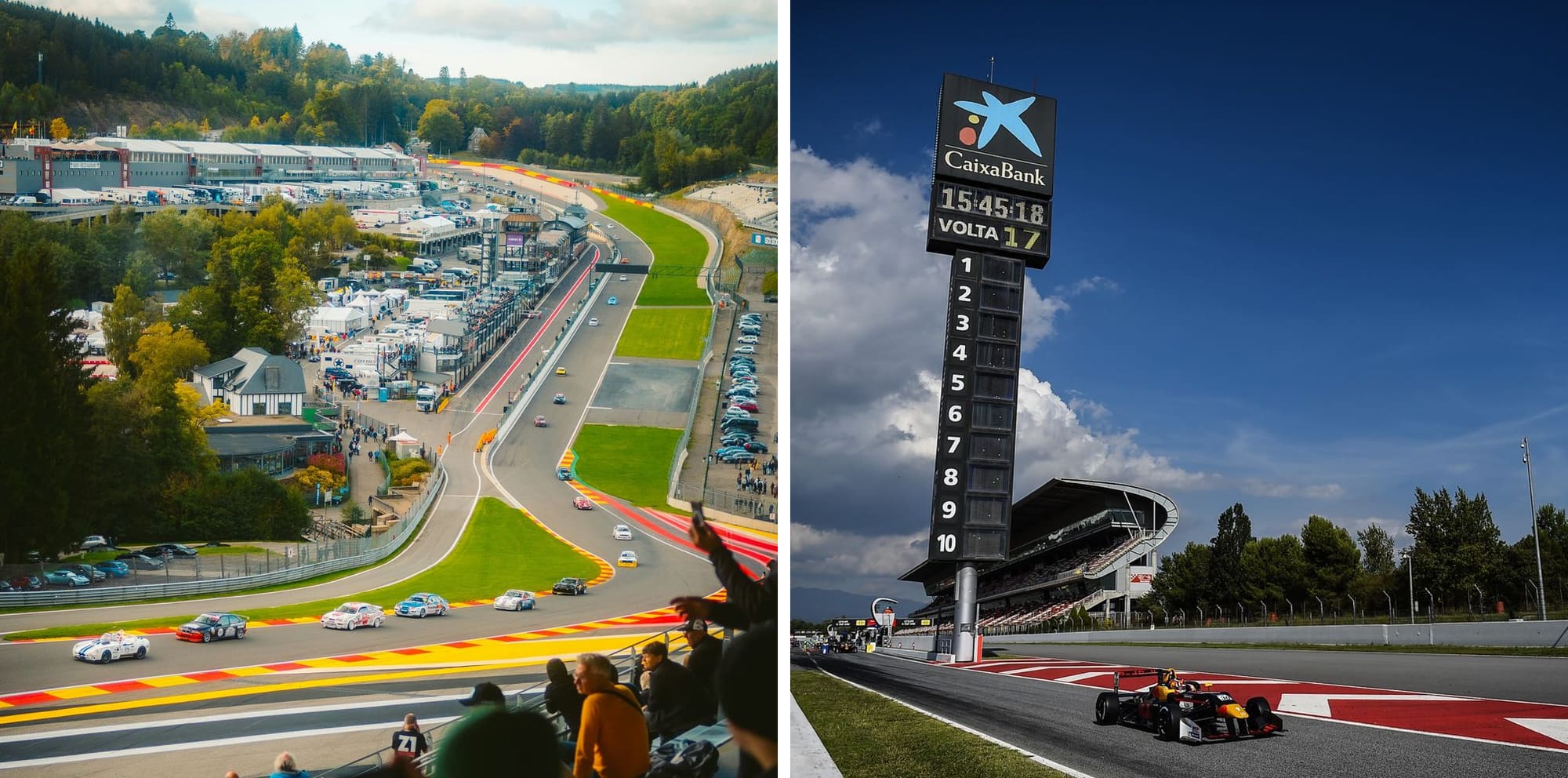 Cars race through Eau Rouge at Spa-Francorchamps, left, and Liam Lawson on the main straight at Barcelona-Catalunya in 2019, right