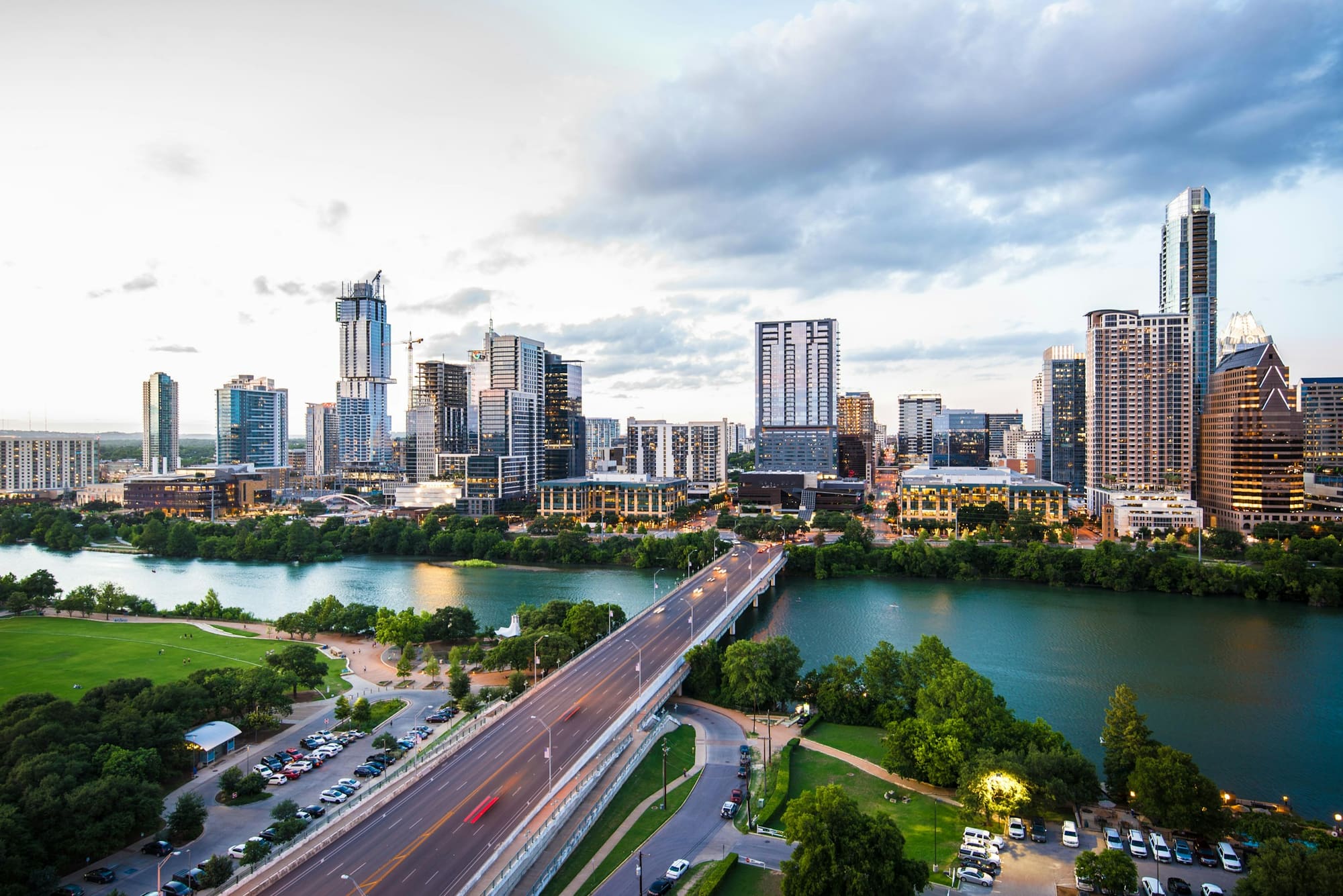 Downtown Austin and the Congress Avenue Bridge over Lady Bird Lake