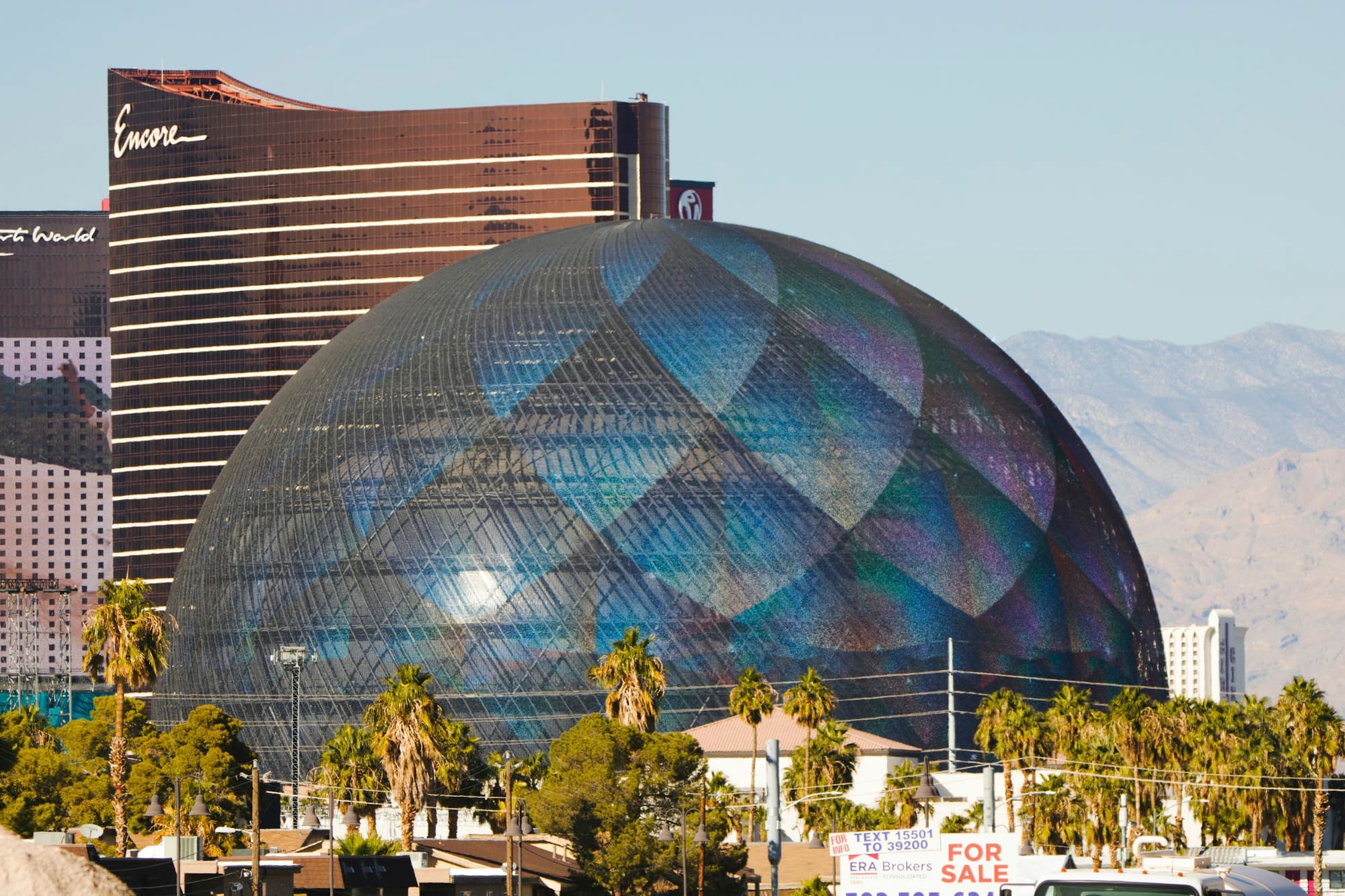 The Sphere in Las Vegas, with the Encore hotel behind