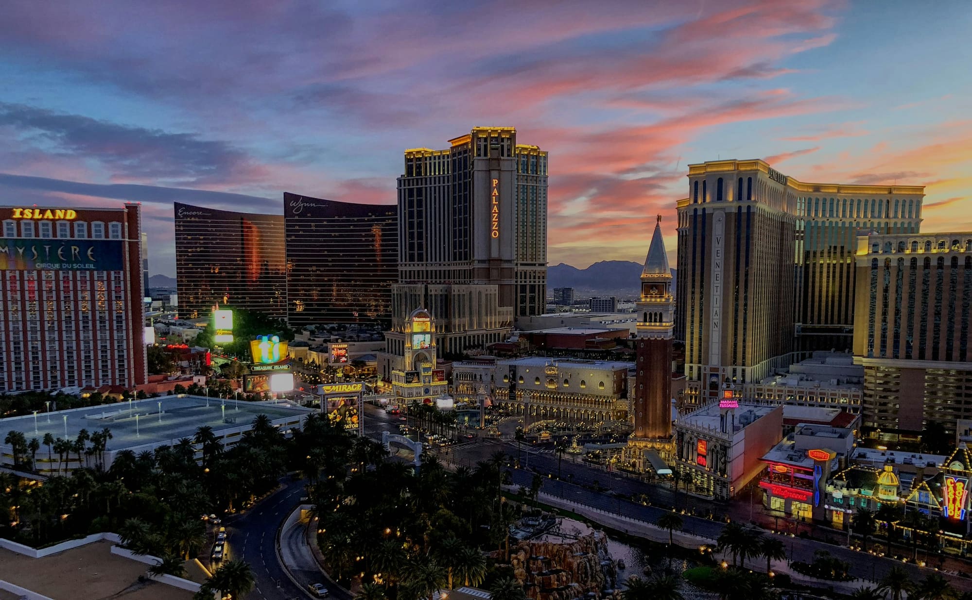 The Las Vegas Strip at dusk, looking towards the Venetian