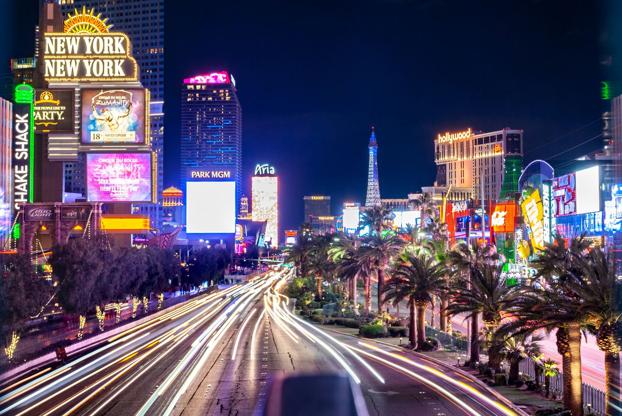Traffic light trails on the Las Vegas Strip at night
